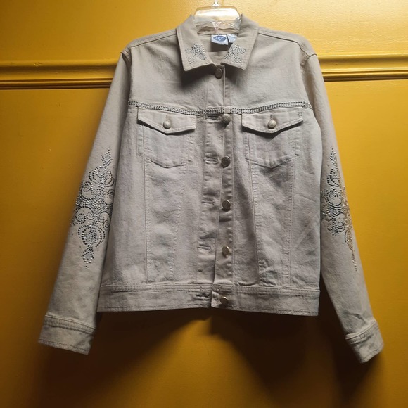 Diane Gillman Tan Boho Western embellished Denim Jacket  Large - Picture 1 of 6